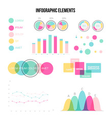 Infographic Elements Vector Set Modern Business Process Presentation. Pie Chart, Circular Bar, Linear Diargam Targeting, Development Report. Chart Graphic Business Statistics Cool Infographic Template