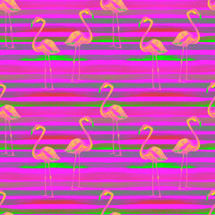 Summer Beach Background. Watercolor Seamless Pattern. Hand Painted Tropic Summer Motif with Flamingo and Stripe