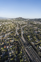 Vertical aerial view of Ventura 101 Freeway and Hollywood 170 freeways in the San Fernando Valley area of Los Angeles, California.
