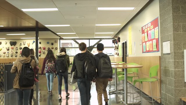 Medium shot of students walking in school restaurant