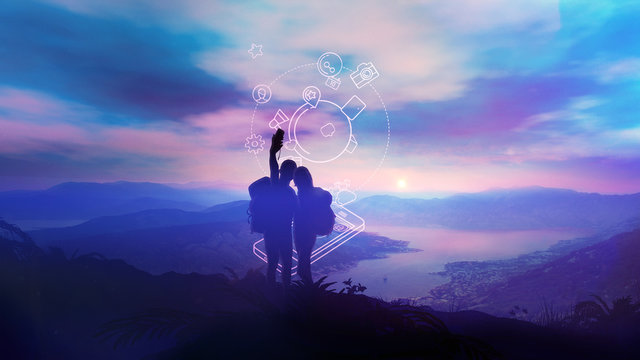 The pair makes selfi against the background of sunrise and infographics
