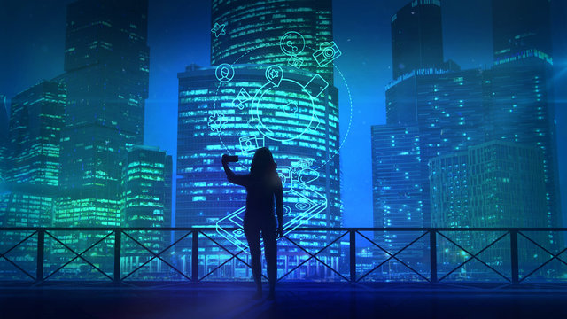 Girl does selfie on a background of skyscrapers and social media infographics