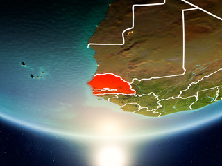 Senegal with sun on planet Earth
