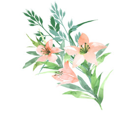  bouquet with lily flowers in hand drawing watercolor style. floral design element isolated on white background
