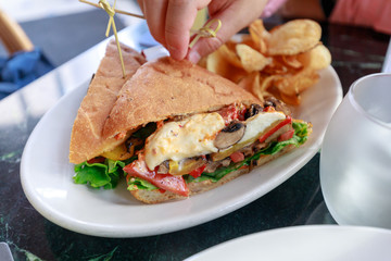 Fresh sandwiches with ham, cheese, tomatoes and lettuce
