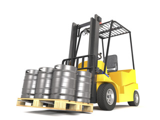 Forklift with pallete of beer kegs (3d illustration).