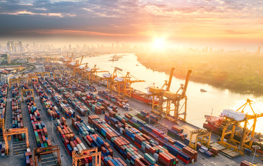 Aerial view from drone, container cargo ship in import export and business logistic.