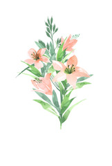  bouquet with lily flowers in hand drawing watercolor style. floral design element isolated on white background