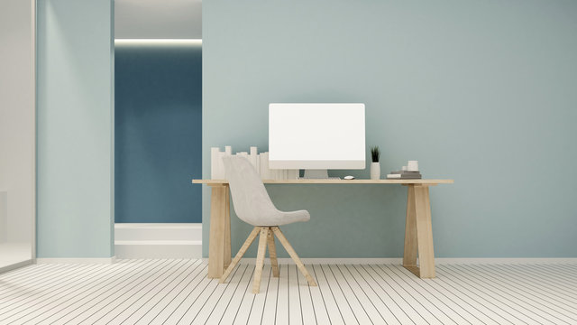 Workplace and empty space on blue tone in condominium or small office - Study room white tone artwork for apartment or home office - 3D Rendering