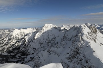Obraz na płótnie Canvas Bergpanorama vom Gipfel, Nebelhorn, 2224m, Oberstdorf, Oberallgäu, Bayern, Deutschland, Europa