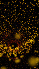 Golden, red and yellow particle form against black. Futuristic space background. Concept of new, coming, motion, mystery, space and depth. Dark background. Selective focus.