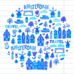 Vector pattern with Amsterdam city House, architecture, mill, tulip. Holland doodle icon