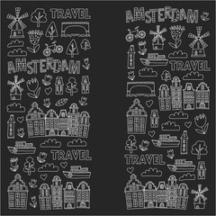 Fototapeta premium Vector pattern with Amsterdam city House, architecture, mill, tulip. Holland doodle icon