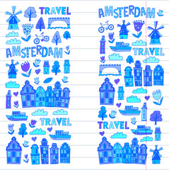 Fototapeta na wymiar Vector pattern with Amsterdam city House, architecture, mill, tulip. Holland doodle icon