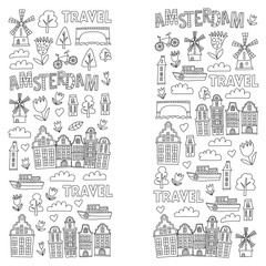 Naklejka premium Vector pattern with Amsterdam city House, architecture, mill, tulip. Holland doodle icon
