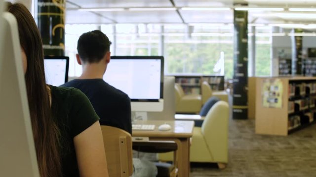 Female student looking at camera while studying with a computer