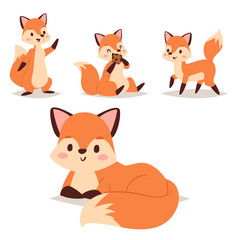 Fox character doing different foxy activities funny happy nature red tail and wildlife orange forest animal style graphic vector illustration.