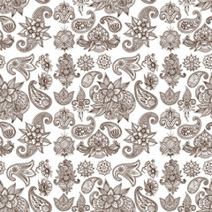 Fototapeta premium Henna tattoo mehndi flower doodle ornamental decorative indian design pattern paisley arabesque mhendi embellishment seamless pattern background vector.