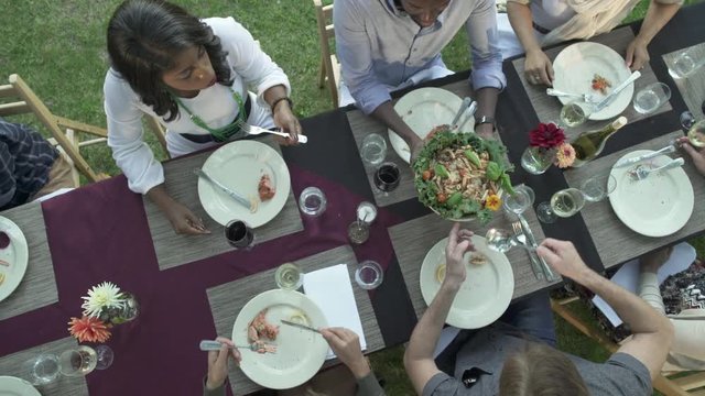 Medium group of people having an outdoor dinner party