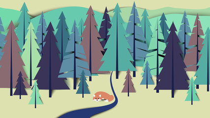 Fox lay down beside the river in pine forest landscape, paper art/paper cutting style