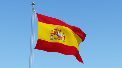Flag of Spain waving against blue sky. Beautiful three dimensional rendering 3D illustration.