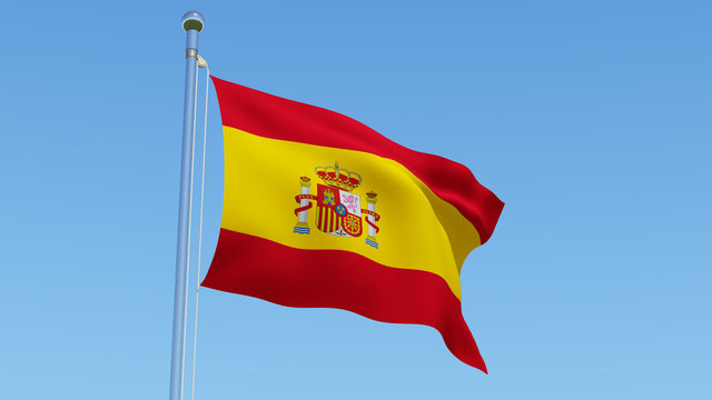 Flag of Spain waving against blue sky. Beautiful three dimensional rendering 3D illustration.