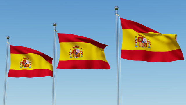 Three flags of Spain waving against blue sky. Three dimensional rendering 3D illustration.