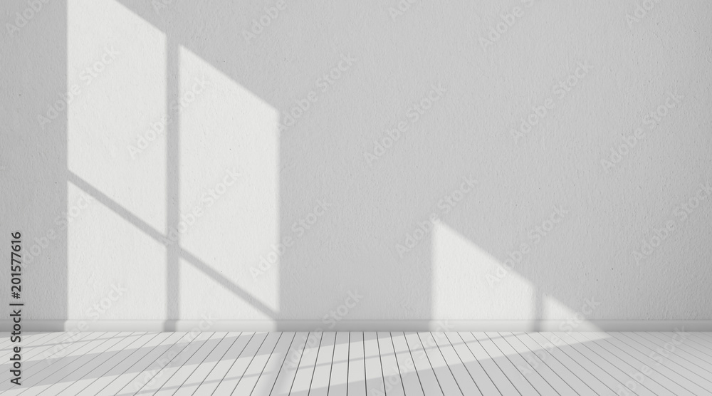 Poster 3d stimulate of white room interior and wood plank floor with sun light cast the window shadow on th