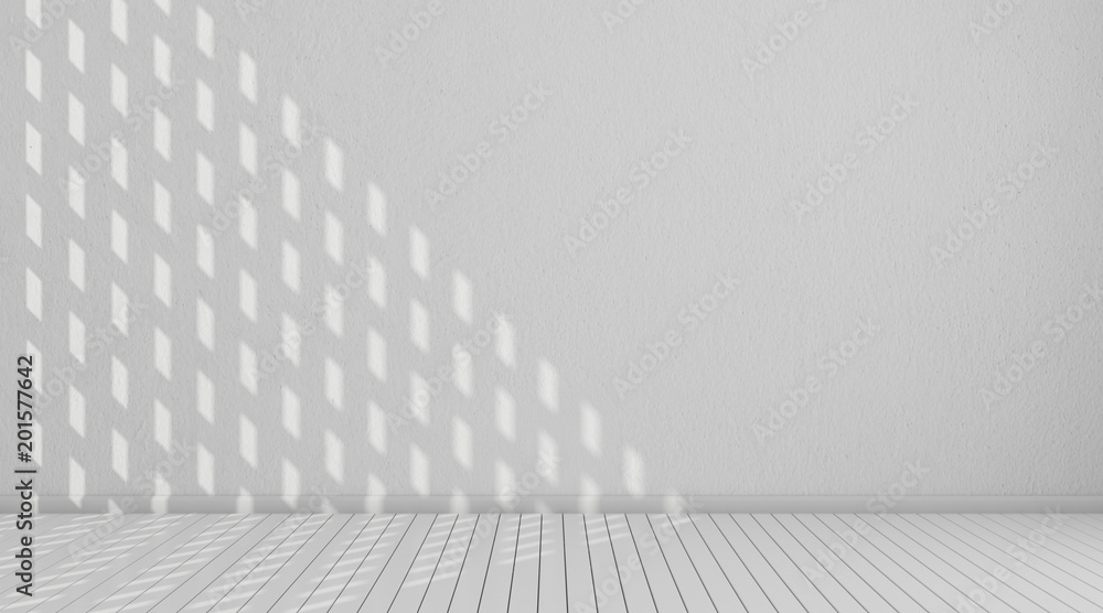 Poster 3d stimulate of white room interior and wood plank floor with sun light cast the window shadow on th