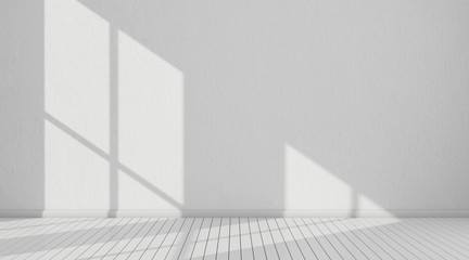 3D stimulate of white room interior and wood plank floor with sun light cast the window shadow on...