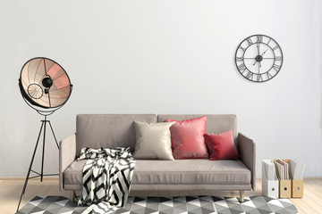 Modern interior with sofa. Wall mock up. 3d illustration.