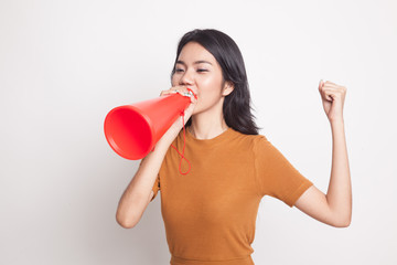 Beautiful young Asian woman announce with megaphone.