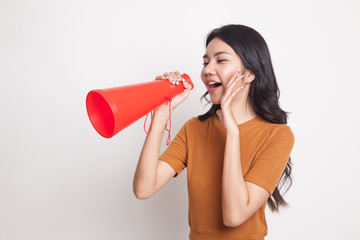 Beautiful young Asian woman announce with megaphone.