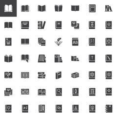 Books vector icons set, modern solid symbol collection, filled style pictogram pack. Signs, logo illustration. Set includes icons as education, library, literature, learning, school, textbook science