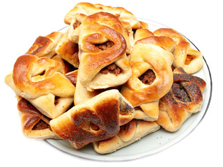 Buns with raisins and jam on a white background