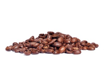 Pile of  Dark brown roasted coffee beans isolated on white background,Raw processed food for drinks refreshment
