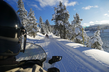 Rider snowmobiling in Yellowstone National Park, Wyoming, United States