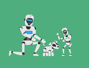 big and small robots humanoid play with robotic dog