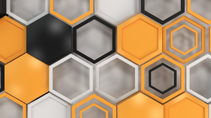 Abstract 3d background made of black, white and orange hexagons on white background