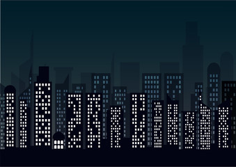  Night cityscape in flat style. Night city skyline abstract background.