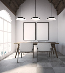 Cozy attic restaurant interior, posters side view