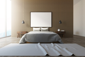 Wooden wall loft bedroom interior, poster