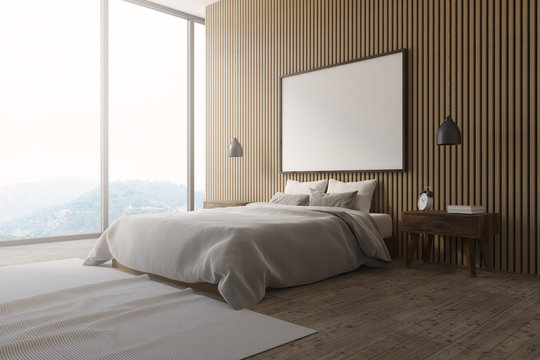 Wooden wall loft bedroom interior poster side view