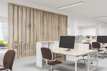 White and wooden open space office side view