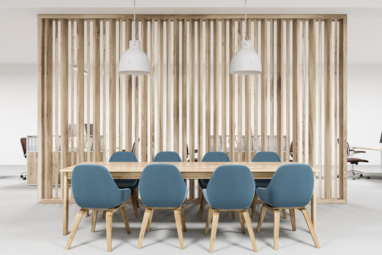 Wooden meeting room, blue chairs
