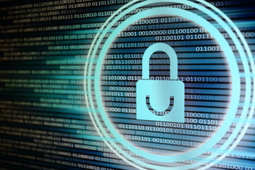 padlock icon on LED computer display screen with binary code moving in the background. password and...