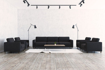 White living room, black sofas