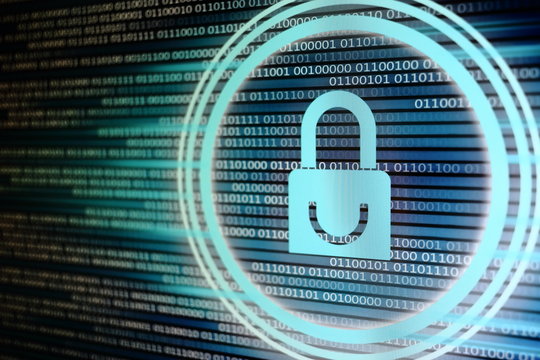 padlock icon on LED computer display screen with binary code moving in the background. password and data privacy protection in internet data transfer concepts. cyber network security blue color.