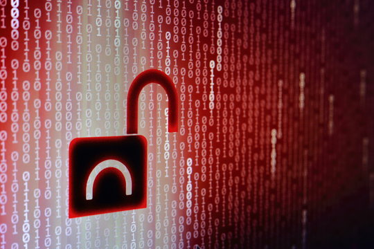 Data Breach Concept. Internet Compute Privacy Compromised. Unsecured Network And Data Transfer. Hacker Hacked In To The System. Cyber Crime. Red Binary Code Background With Open Black Padlock Icon.