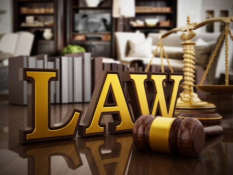Law word, gavel and balanced scale on wooden table. 3D illustration